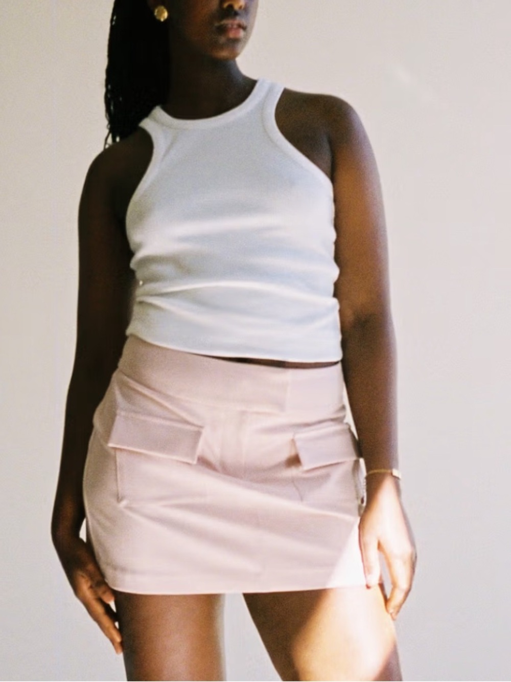 Djerf Avenue Blush Pink Mini Skirt with Front Flap Pockets